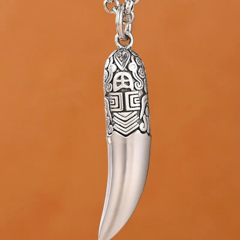 Creative 925 Silver Ethnic Style glossy Necklace Keel chains Banquet faceted wolf tooth Pendant for Men's Retro Jewelry