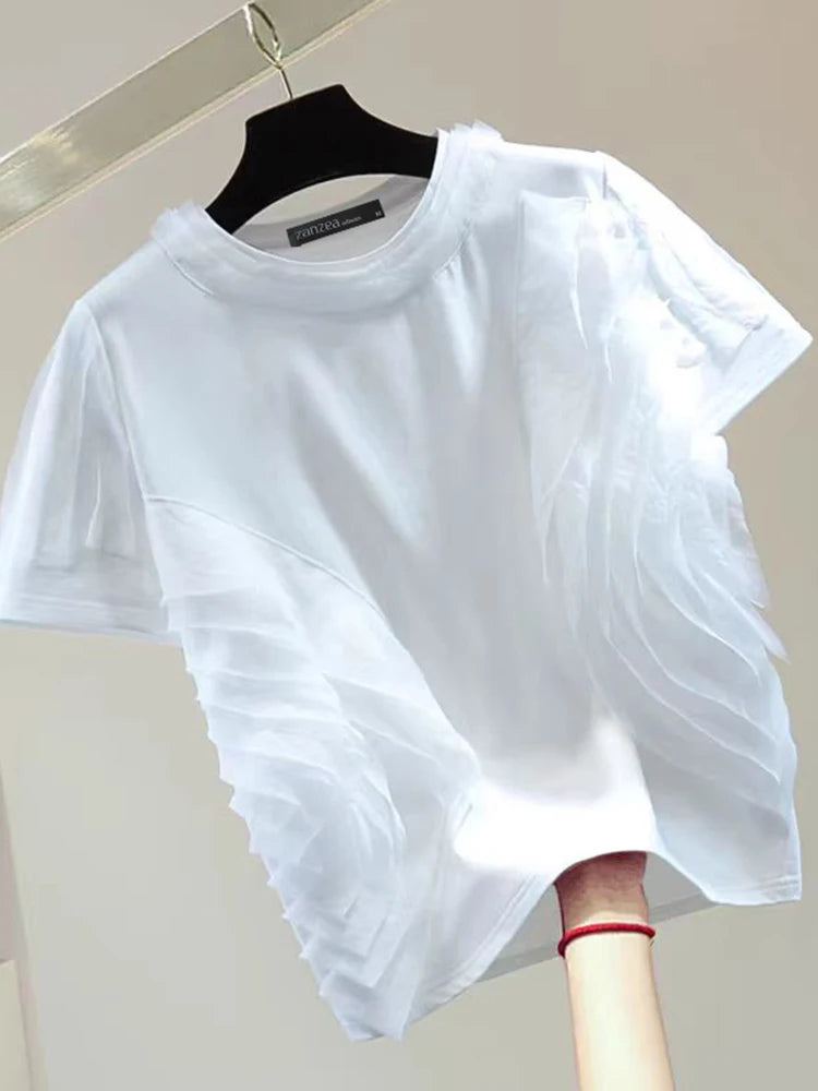 ZANZEA Women Ruffled Stitching Blouse Fashion Holiday O-neck Tops 2024 Summer Short Sleeve Tunics Casual Loose Solid Blusa Femme