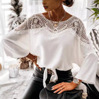 Women's Blouses T-shirt Long Sleeve Lace Stitching White Office Loose Elegant Black Shirt for Women