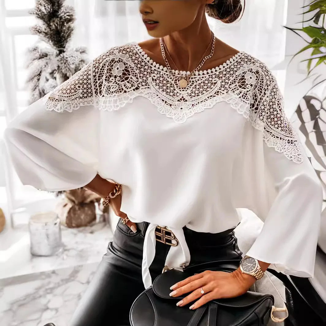 Women's Blouses T-shirt Long Sleeve Lace Stitching White Office Loose Elegant Black Shirt for Women