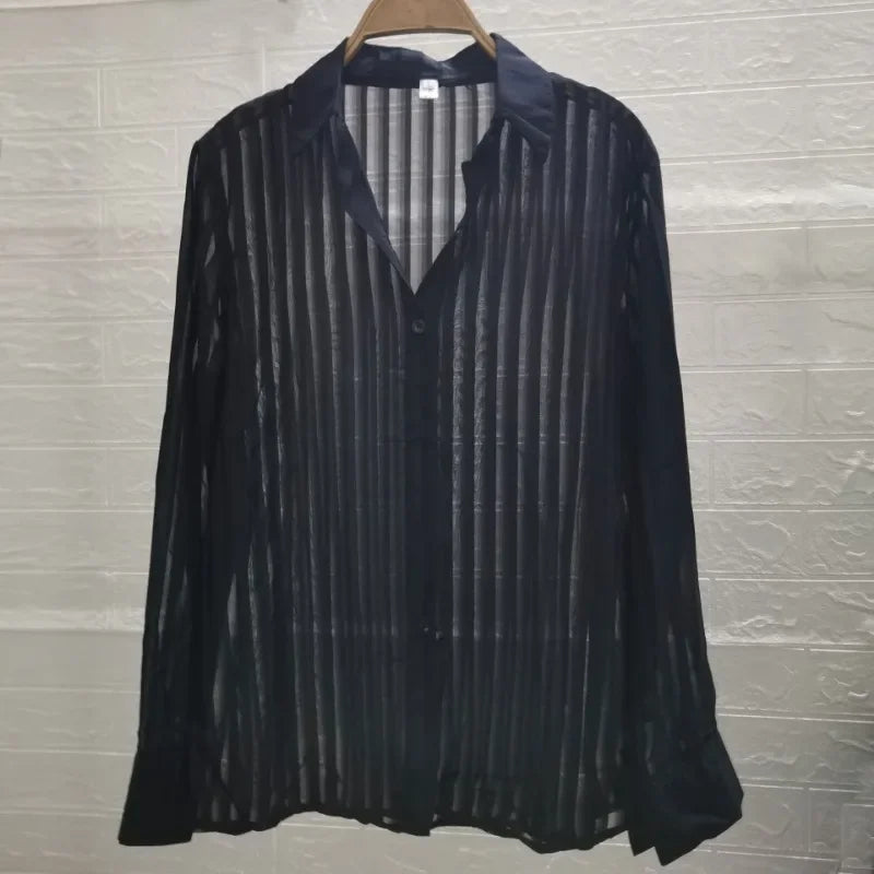 Mens Shirt Perspective Sexy  Large Print Long Sleeved Loose Casual Floral Shirt for Men