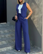 Pant Sets Women Wide Leg Pants Two Piece Suit Single Breasted Vets Sleeveless High Waist Elegant Trousers Pockets Solid Outwear