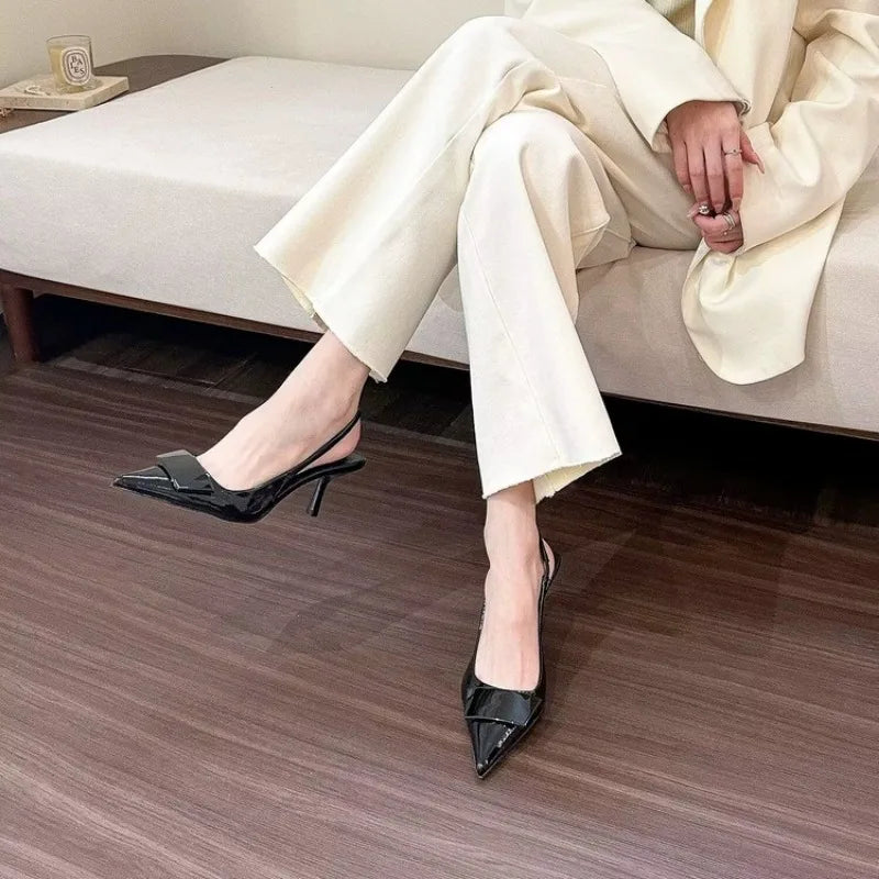 Womens Leather Slippers High Heels Shoes Party Pumps Woman Summer Sandals Women High Heel Slingback Sandal Shoes