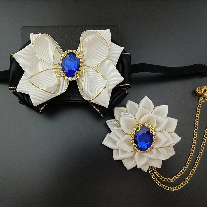 Wedding Bow Tie Corsage Men's Business Banquet Concert Suit Shirts Accessories Jewelry High-end Crystal Collar Flower Brooch Set