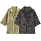 Women Print Long Pants Sets For Women Lapel Half Sleeve Single Breasted Shirts + High Waist Lace-Up Wide Leg Pants