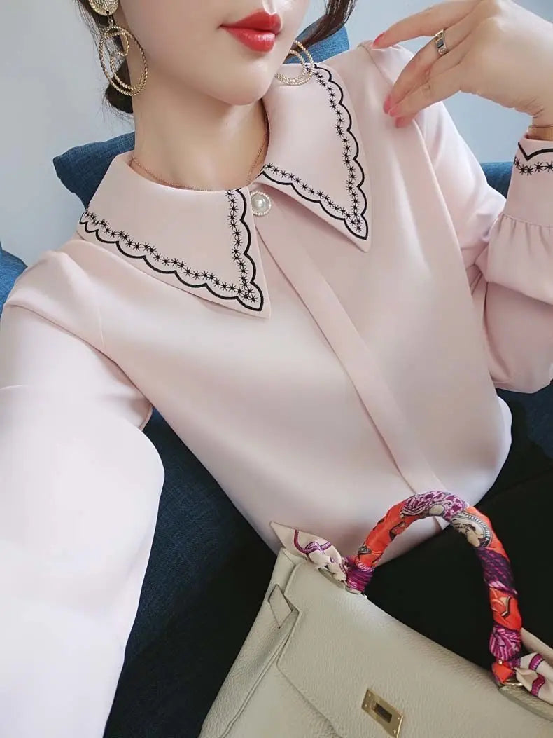 Women Embroidery Beaded Chic Luxury Design Shirts Spring Autumn Fashion Office Lady Blouse Solid Long Sleeve Tops Elegant Blusas