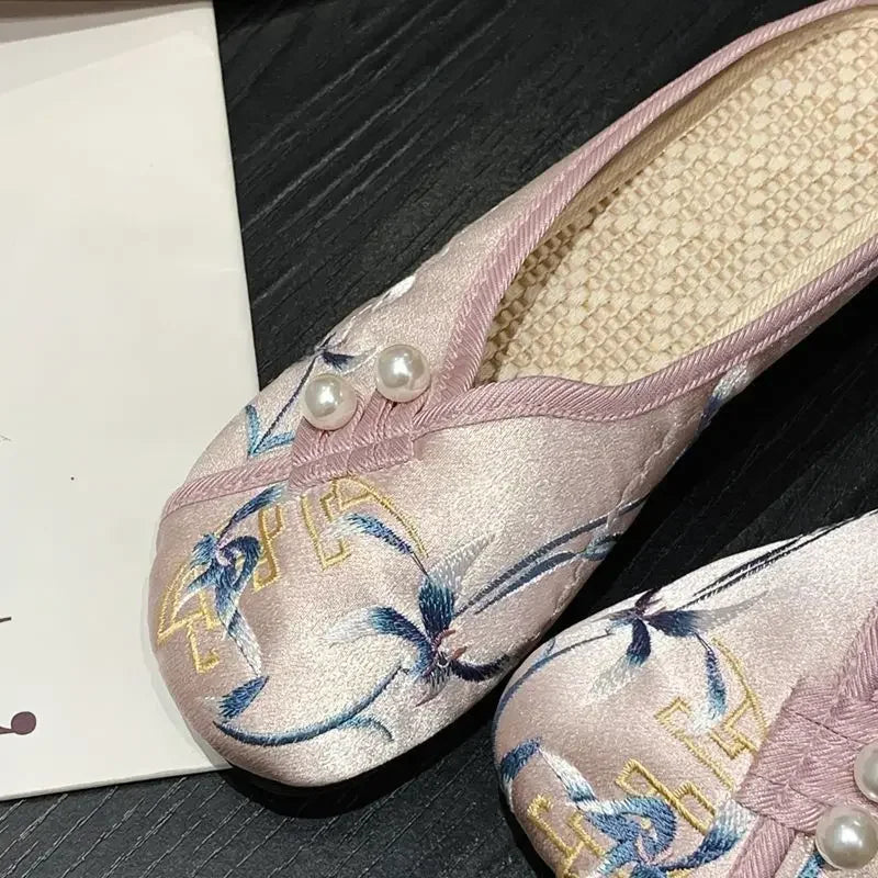 Woman Slippers Spring Autumn Soft Sole Baotou Flats Embroider Home Slippers Casual Shoes for Women Ethnic Style Outdoor Slippers