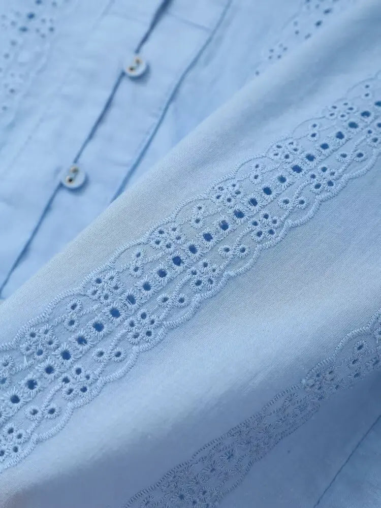 Women's Openwork Embroidered Cropped Shirt Simple V-neck Long-sleeved Single-breasted Casual Blouse Spring Summer Chic Top