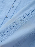 Women's Openwork Embroidered Cropped Shirt Simple V-neck Long-sleeved Single-breasted Casual Blouse Spring Summer Chic Top