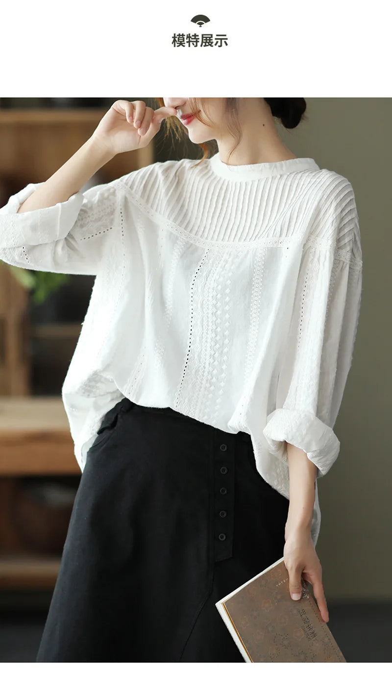 Women's elegant blouses 100% cotton embroidery hollow out white black shirts ladies office wear women long sleeve tops