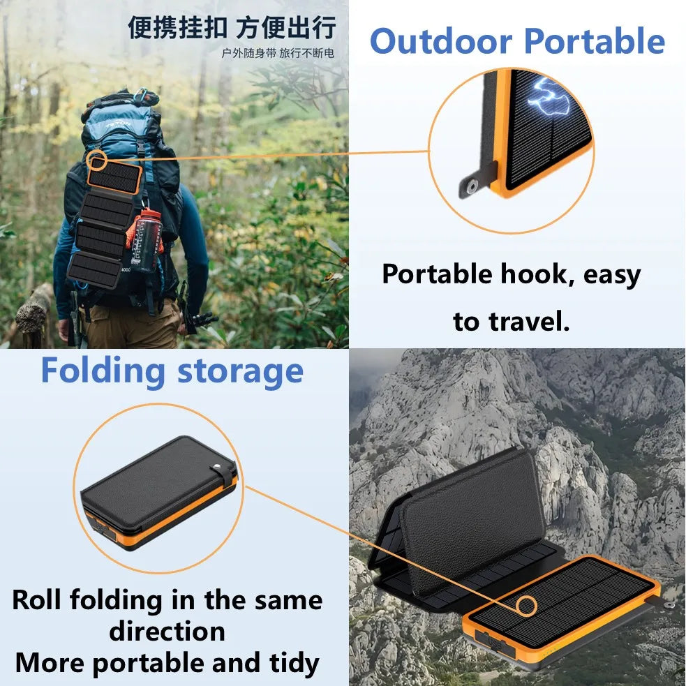 Folding Solar Power Bank with 4 Solar Panels 50000mAh Portable Solar External Battery Compatible with IOS Android USB-A USB-C