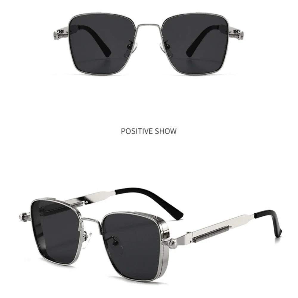 Men Driving Sunglasses Vintage Steampunk Square Sunglasses Metal Frame with Spring Hinges Women Eyepiece Trendy Driver Glasses