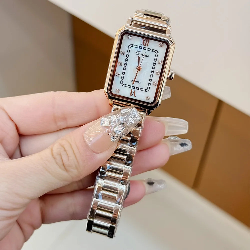 Vintage watches with female personality, niche design, square diamond studded steel strip, quartz watch for women
