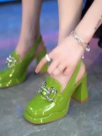 High Heels Pumps Female  Women Chunky Platform Summer Leather Shoes Woman Luxury Rhinestone Design Ankle Straps Party Shoe