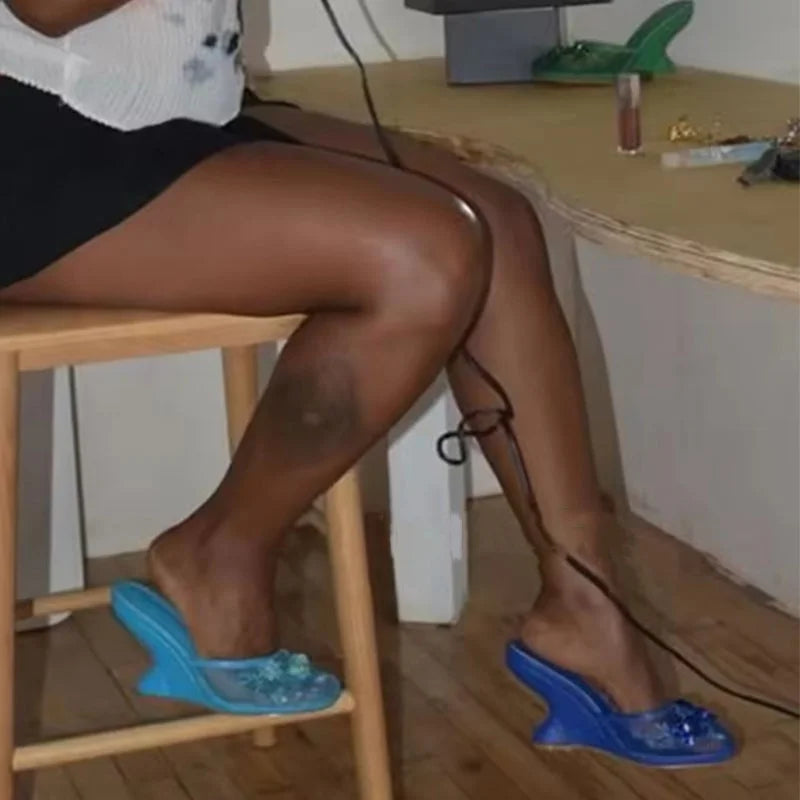 Woman Sandals 2025 Summer Fashion Sexy Hollow Out Strange Style Female Shoes Crystal Flower Decoration High Heel Ladies Slippers