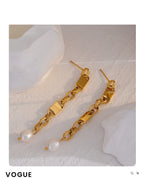 Yhpup Long Hanging Stainless Steel Chain Natural Pearl Drop Earrings Dangle Fashion Party Geometric Charm Temperament Jewelry