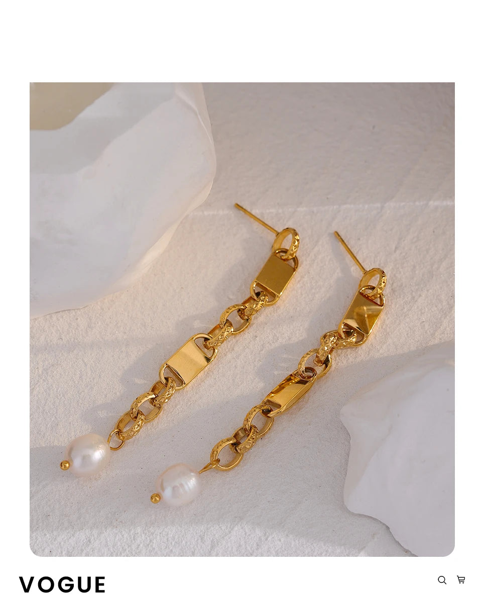 Yhpup Long Hanging Stainless Steel Chain Natural Pearl Drop Earrings Dangle Fashion Party Geometric Charm Temperament Jewelry