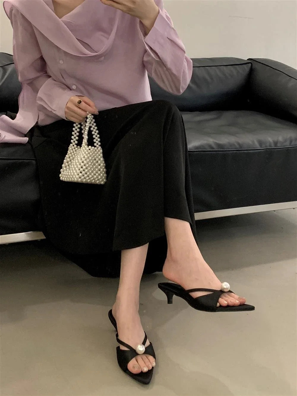 High Heels Slippers Women Bead Pointed Toe Sandals Shoes Summer 2025 Trend Sexy Open Toe Woman Brand Designer Sandalias Pumps