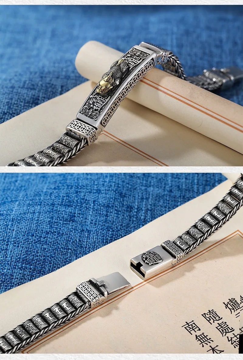 Vintage 100% Solid S925 Silver Retro Lucky Pixiu Man Bracelet Thick Style Domineering Trend Personality Jewelry