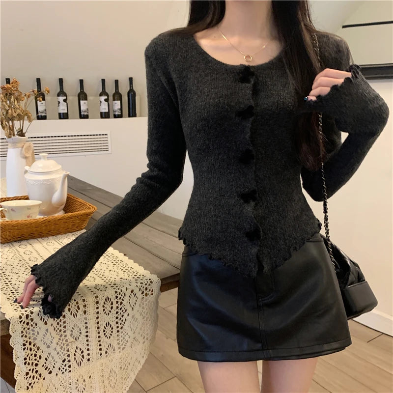 2025 Women's Ruched Long Sleeve Cropped Cardigan V Neck Button Down Knit Lady Autumn Winter Knitted Single Breasted Sweaters