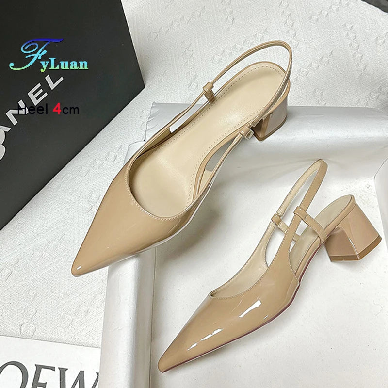 2025 New Medium Heel Woman 4cm Sandals Shallow Mouth Glossy Closed Toe Sandals One Word Buckle Temperament Summer Outdoor Shoes