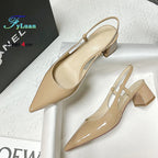 2025 New Medium Heel Woman 4cm Sandals Shallow Mouth Glossy Closed Toe Sandals One Word Buckle Temperament Summer Outdoor Shoes