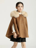 Winter Christmas Girls Woolen Coat  Woolen Cape Fox Fur Collar Kids Jacks for Girls Baby Girl Winter Cloths  Girls NewYear Coat