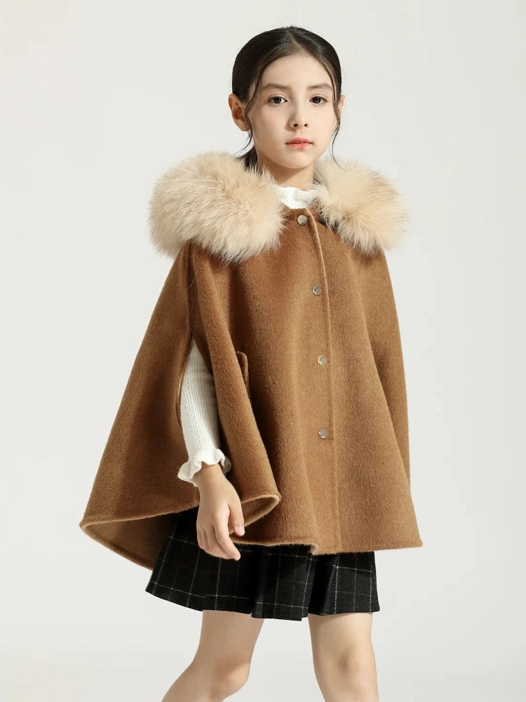 Winter Christmas Girls Woolen Coat  Woolen Cape Fox Fur Collar Kids Jacks for Girls Baby Girl Winter Cloths  Girls NewYear Coat