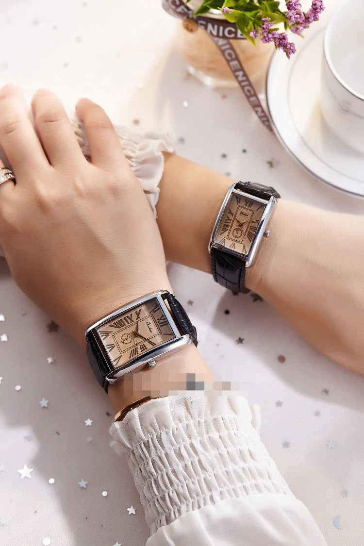 Fashion Couple Watch Luxury Rectangle Dial Women Quartz Watch Men Leather Band Casual Women Leather Wristwatch Relogio Masculino