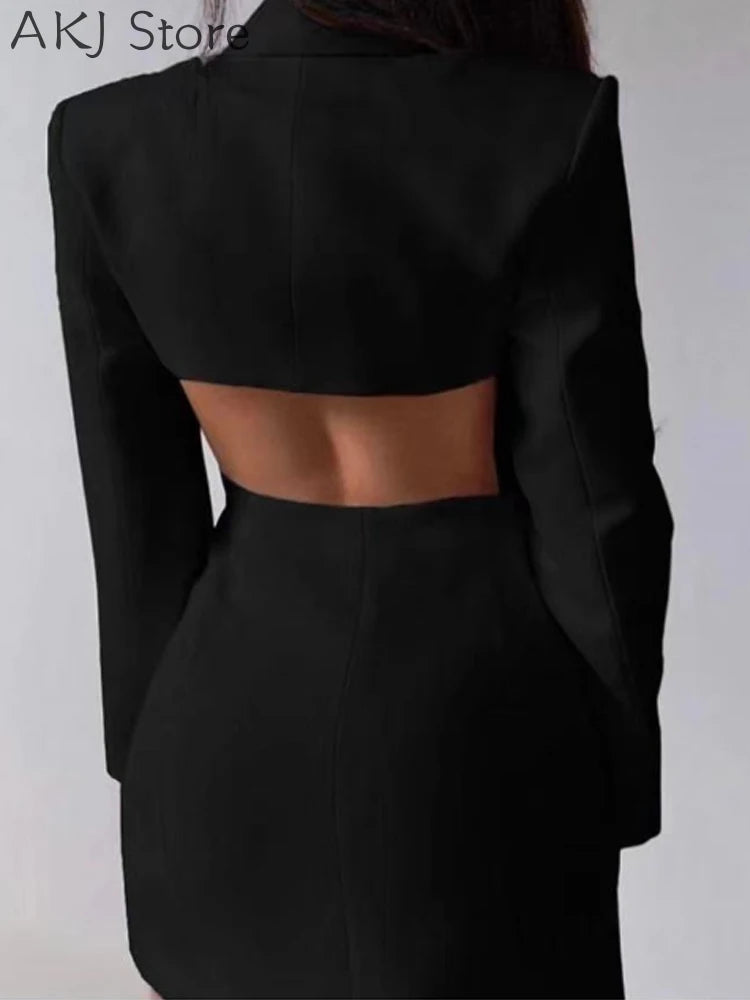 Women Notched Collar Long Sleeve Backless Blazer Dress