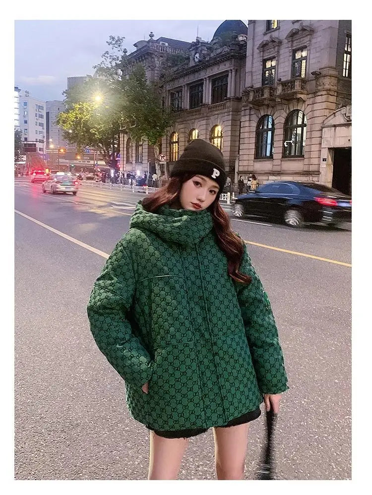 Winter Letter Print Hooded Jacket Women Clothing Trend Zipper Parkas Puffer Down Cotton Coats Design Vintage Windproof Outerwear
