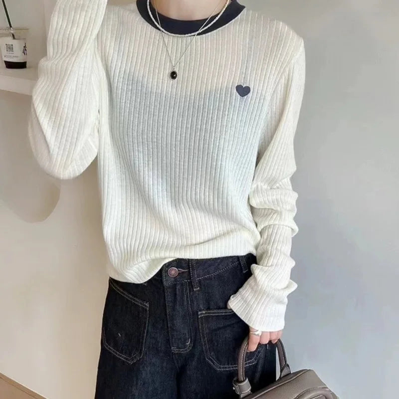Women's Pullover Autumn/Winter 100% Wool Sweater Stitching Casual Knit Sweater Round Neck Tops Ladies Clothes Embroidery Blouse