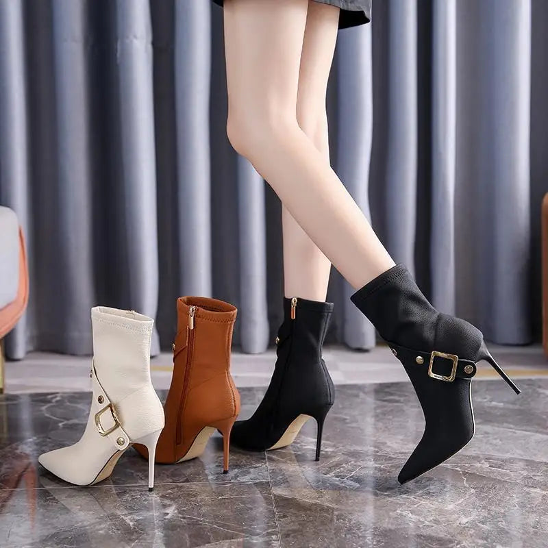 Women's Boots Very High Heel Shoes for Woman Pointed Toe Footwear Half Mid Calf White Boot Large Size Warm Fashion 2024 Y2k Goth