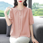 Embroidered Blouse Women Short Sleeve Summer Loose Slimming Top