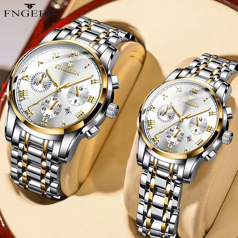 BINBOND 2pcs/Set Couple Watches Fashion Casual Men Ladies for Quartz Watch Lover Waterproof Stainless Steel Watch Valentine Gift