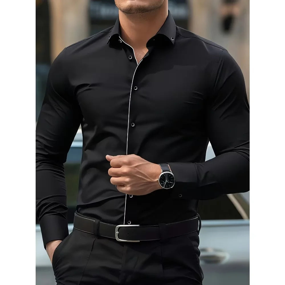 Men Dress Shirt Brand New Solid Color Long Sleeve Smart Casual White Elastic Male Business Shirts