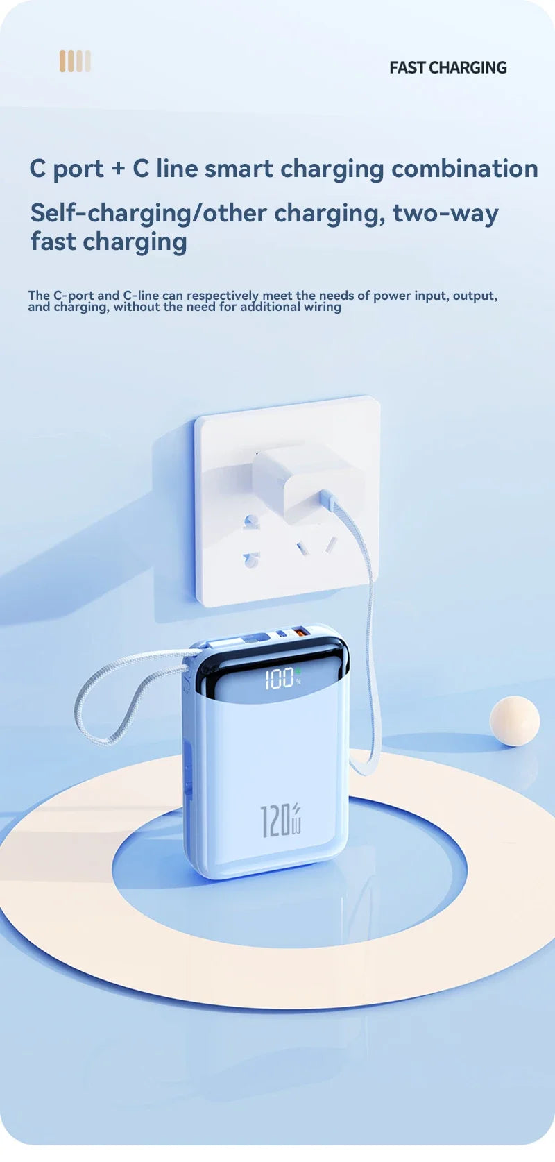 120W Fast Charging Power Bank 20000mAh Large Capacity Portable External Battery Comes with 2 Lines for IPhone Xiaomi Huawei New