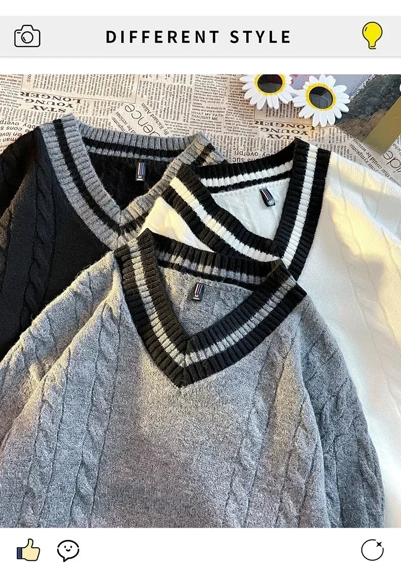 Autumn and Winter New 2024 Men's Casual Fashion Simple V-neck Loose Warm Sweater Men's Home Decoration Casua