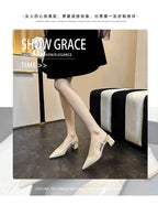 2025 New Medium Heel Woman 4cm Sandals Shallow Mouth Glossy Closed Toe Sandals One Word Buckle Temperament Summer Outdoor Shoes