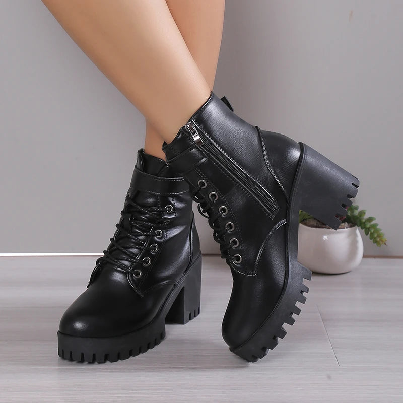Women's High Heels Ankle Boots for 2023 Black PU Leather Platform Short Boots Woman Side Zipper Thick Heeled Punk Botas De Mujer
