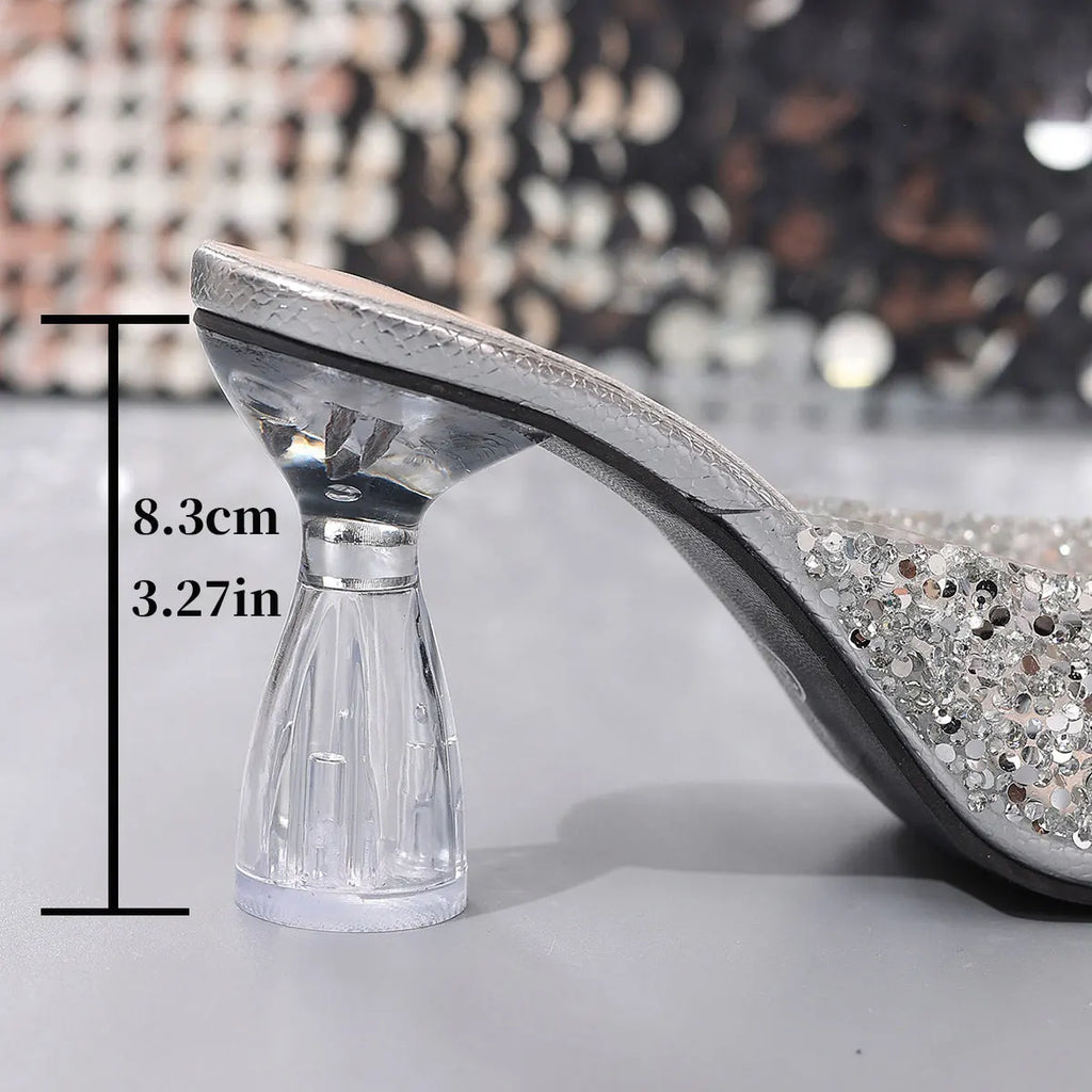 Elegant Pointed Toe High Heels Slippers Women Summer Fashion Clear Crystal Heel Sandals Woman Shiny Sequins Banquet Party Shoes