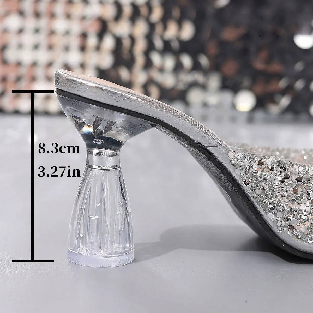 Elegant Pointed Toe High Heels Slippers Women Summer Fashion Clear Crystal Heel Sandals Woman Shiny Sequins Banquet Party Shoes