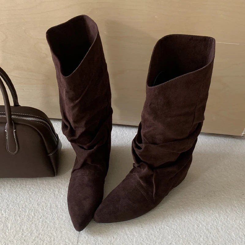 Flats Women High Boots Suede Pointed Toe Designer Shoes Winter Luxury Dress Woman 2025 New Fashion Sexy Chelsea Botas De Mujer