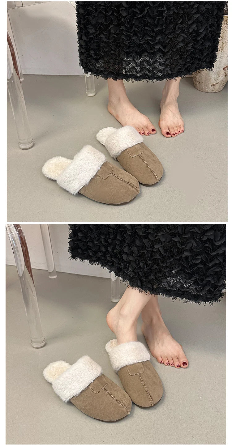 Fur Flats Women Cotton Slippers Fashion Warm Shoes Winter Short Plush Designer Cozy Woman Boots 2025 New Dress Mujer De Boots