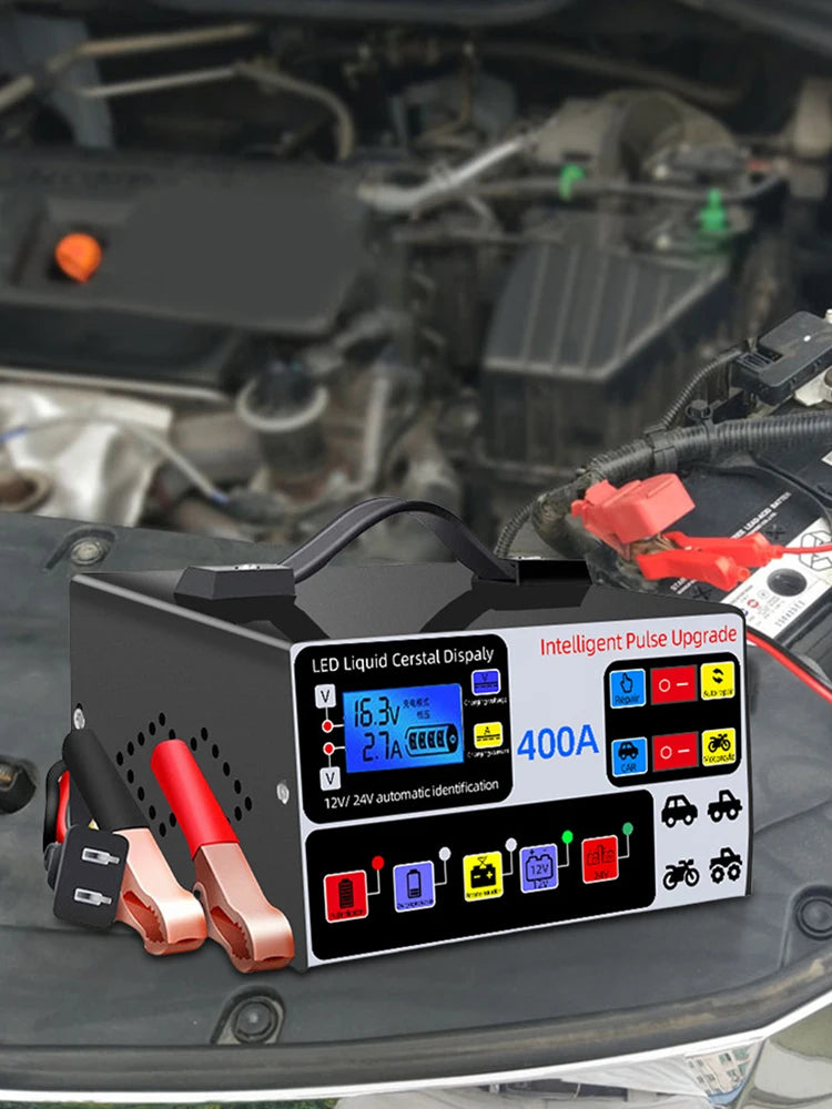 400A Car Battery Charger 220W Heavy Duty Smart Battery Charger 12V/24V Battery High Power Fast Charger Self-Stop Battery Charger