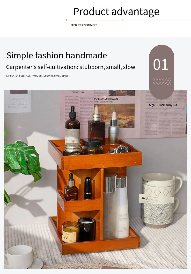 Wooden cosmetics rotating storage rack, can hold small items and cosmetics, suitable for bedrooms, dressing tables,and bathrooms