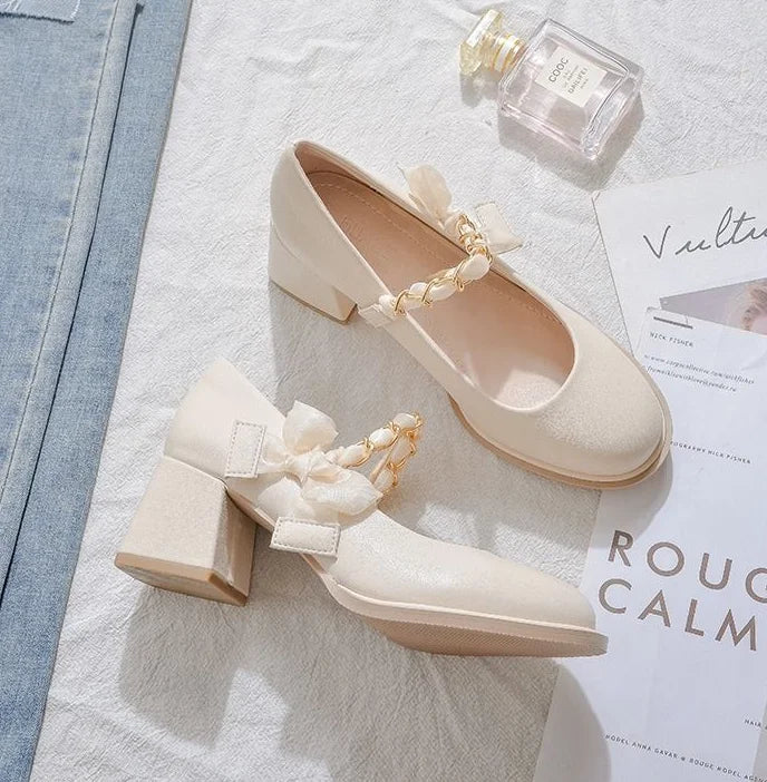 High Heels Shoes for Woman 2024 Pumps Square Toe Gothic Women's Summer Footwear Mary Jane Japanese Style Lolita with Bow White A