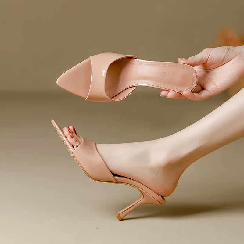 Women's Slippers 2025 New Summer Slim Heel Pointed Toe Worn with A Straight Drag Patent Leather High-heeled Slippers for Womens