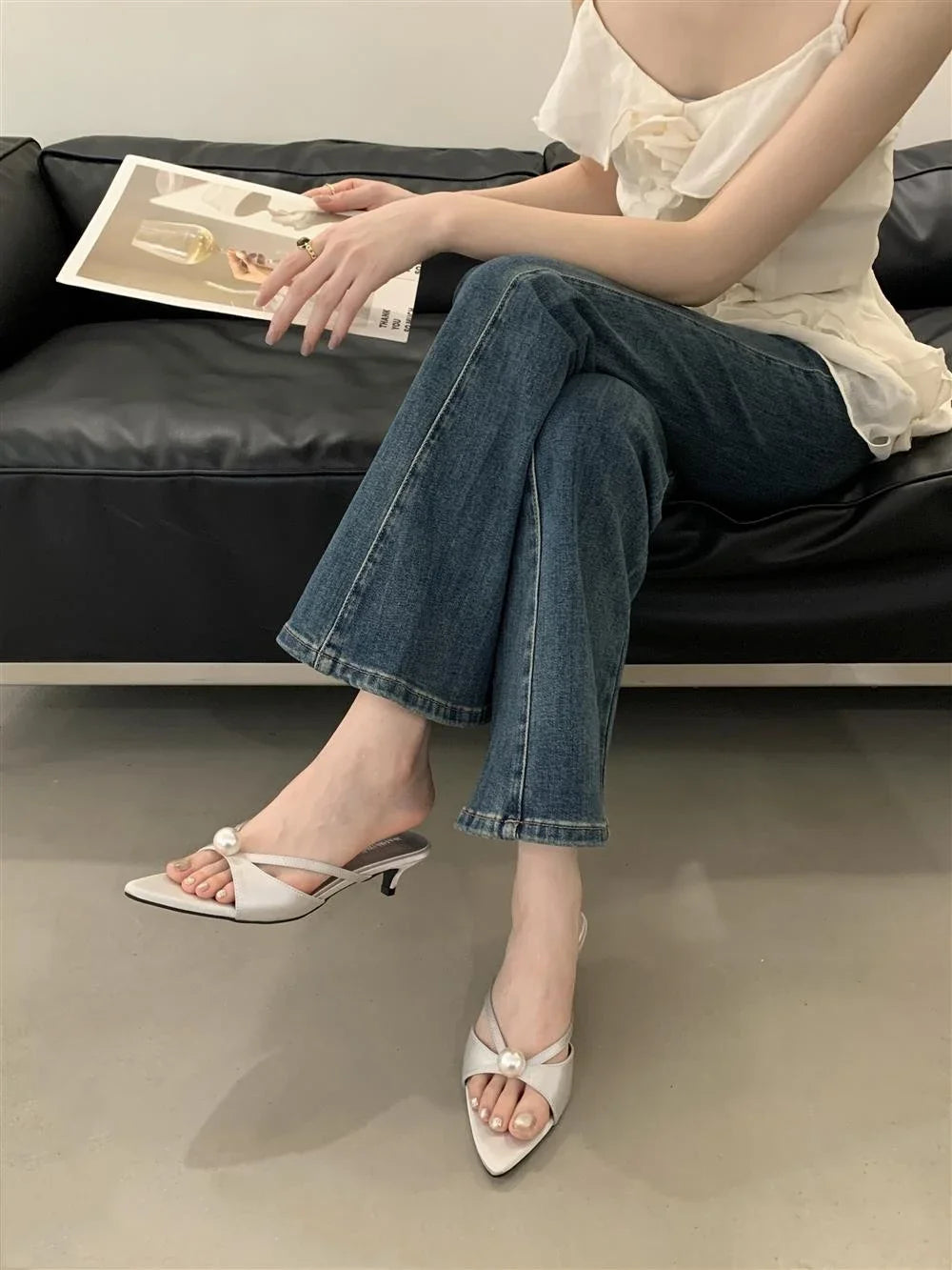 High Heels Slippers Women Bead Pointed Toe Sandals Shoes Summer 2025 Trend Sexy Open Toe Woman Brand Designer Sandalias Pumps