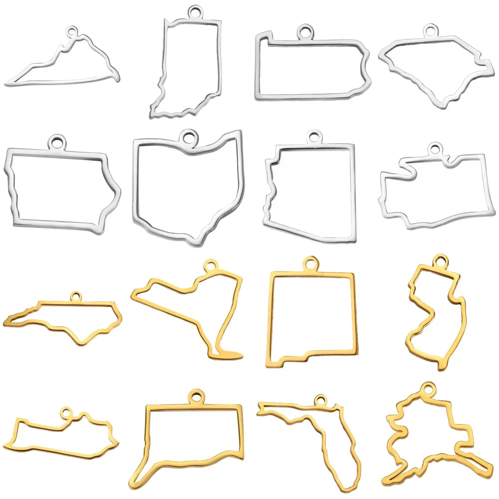 EUEAVAN 10pcs United States New York Washington State Map Pendant for Necklace Stainless Steel Charm DIY Jewelry Making Supplies